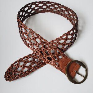 Lauren Ralph Lauren Wide Woven Brown Leather Belt Large Ring Buckle Length 38"